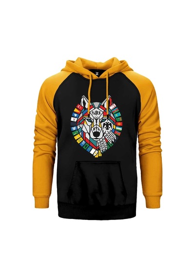 Bayrak Çelenkli Bozkurt Başı Baskılı Sarı Renk Reglan Kol Sweatshirt / Hoodie