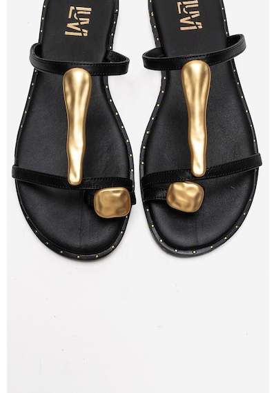Luvishoes Tessa Siyah Hakiki Deri Gold Tokalı Kadın Parmak Arası Terlik