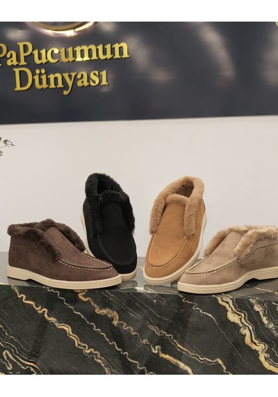Papucumun Dünyası Dana Süet Kışlık Tüylü Kadın Ayakkabı Siyah