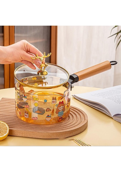 Qerhome Borosilikat Cam Amber Geyik Kapaklı Sos Tenceresi - Yumurta Tenceresi 1500 Ml Amber
