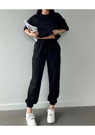 Basic T-shirt Eşofman Altı Jogger - Siyah Düz Alt Üst Eşofman Takımı Oversize Bisiklet Yaka Siyah Basic T-shirt Eşofman Altı Jogger - Siyah Düz Alt Üst Eşofman Takımı Oversize Bisiklet Yaka Siyah