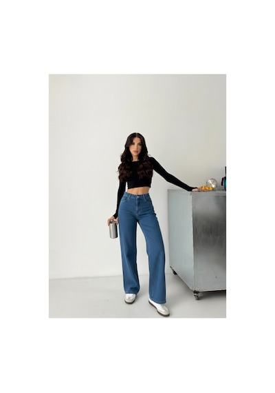 Kene Jeans Kadın Yüksek Bel Mavi Boyfriend Bol Paça Denim Kot Pantolon Mavi