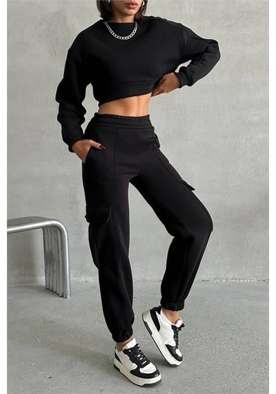 Dip Moda Kadın Bisiklet Yaka Crop Eşofman Takımı Dpnbg041 Siyah