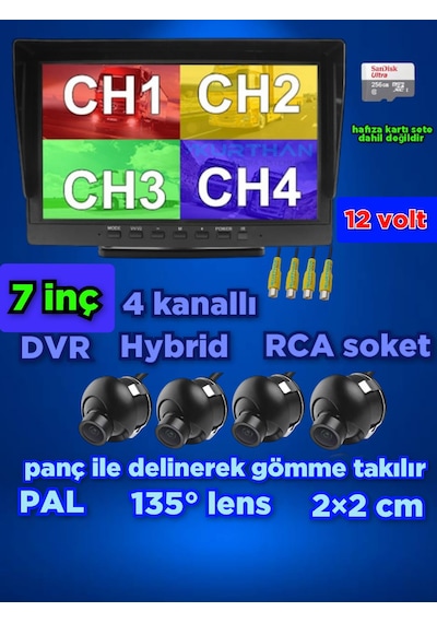 4 Adet 2 2 Cm Mini Kamera Ve 7 İnç Dvr Monitör 12 Volt 256 Gb