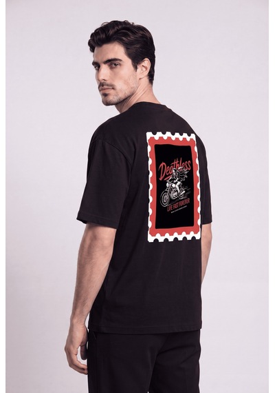 Black Nova Oversize Baskılı Unisex %100 Pamuk T-shirt Deathless Stamp Siyah