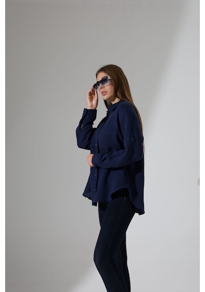 Oversize Basic Müslin Gömlek Lacivert