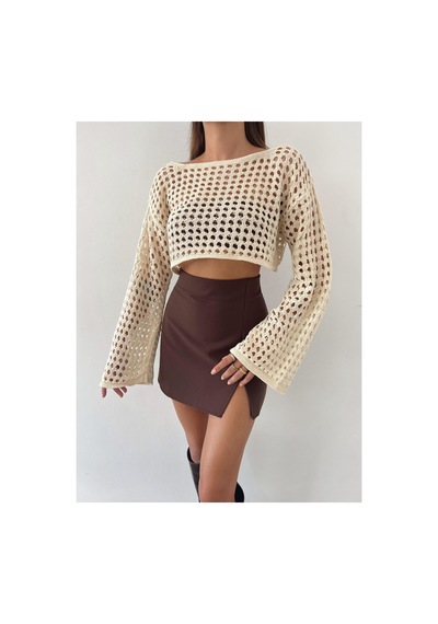 Munora Butik Uzun Kollu Taş Triko Crop Bluz Taş Taş