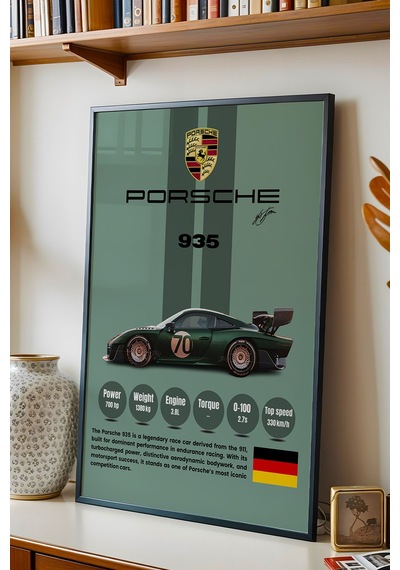 Porsche 935 Premium Yarış Arabası Çerçeveli Tablo - Teknik Özellikli Legend Series Duvar Dekoru Siyah