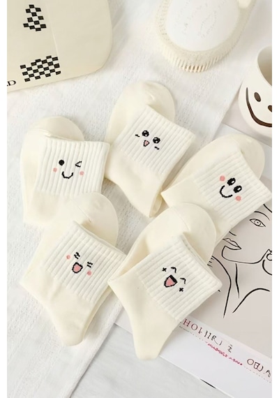 Hitit Socks Kadın 5 Çift Premium Desenli Emojili Ve Gülen Suratlı Uzun Konç Soket Çorap beyaz