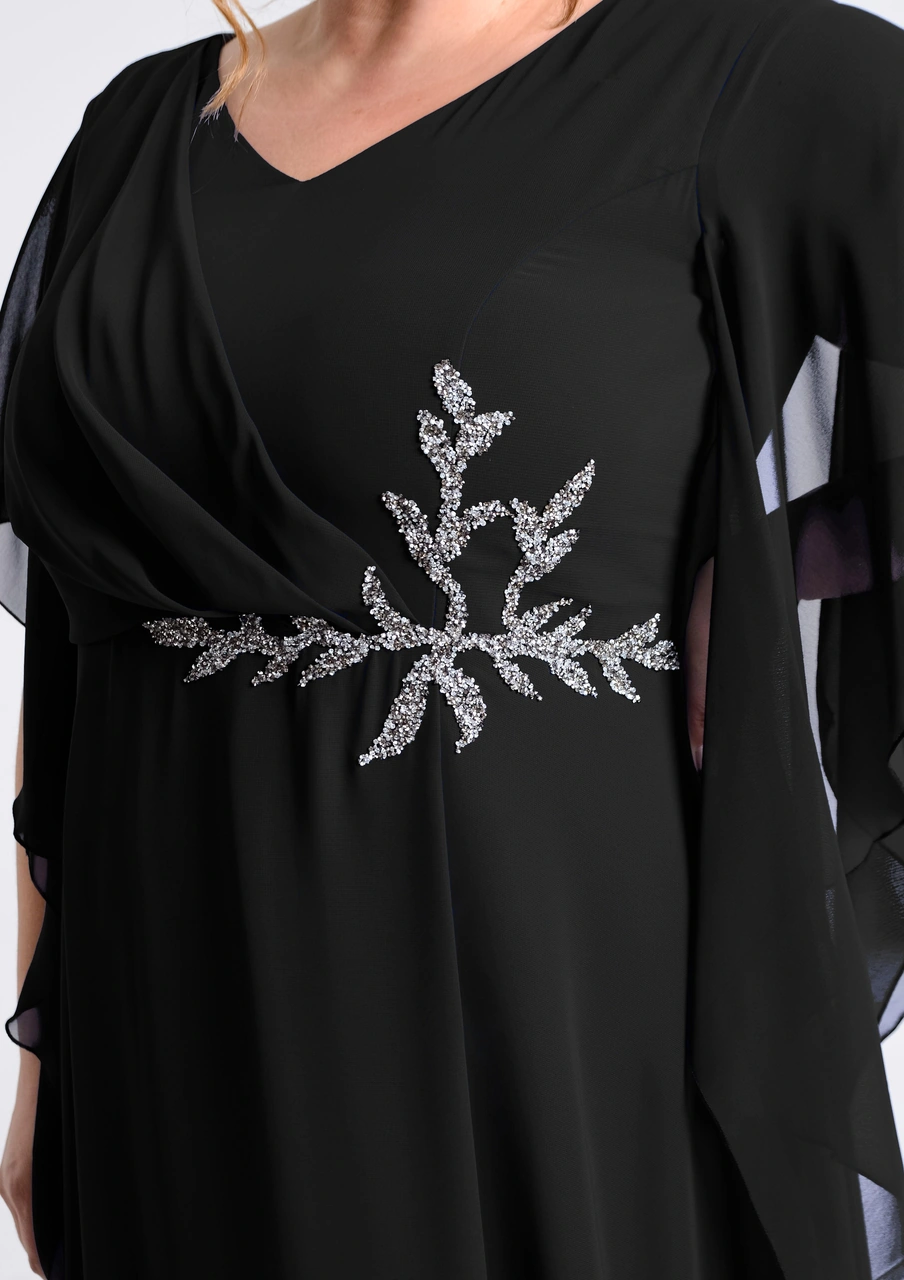 Lilas Xxl Büyük Beden Siyah Renkli Yırtmaçlı Uzun Şifon Abiye Elbise Siyah