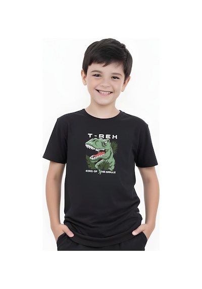 Panios Kids T-rex Baskılı Erkek Çocuk Kısa Kollu Tişört Siyah