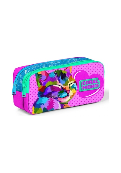 Coral High Pembe Sevimli Kedi Baskılı İki Bölmeli Kalem Çantası -