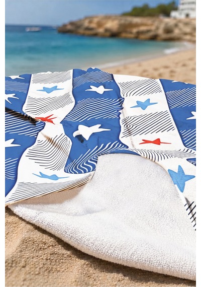 Yıldızlı Marine Çizgili Plaj Havlusu - Lacivert Beyaz Modern Nautical Hızlı Kuruyan Mikrofiber Havlu Keten Bahçe