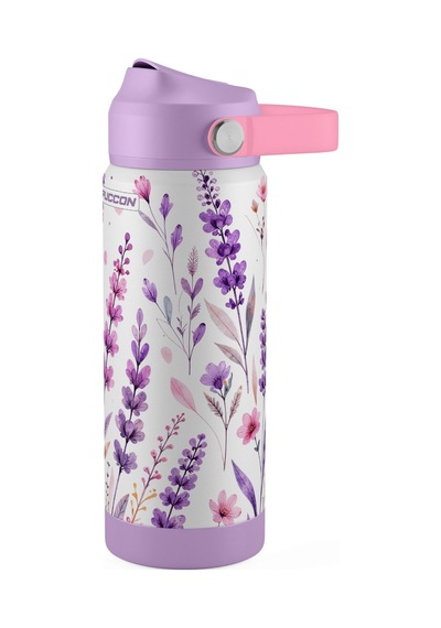 Puccon 540 Ml Çiçek Desenli Lila - Mor Kız Çocuk Pipetli Çelik Termos Matara/suluk - 60055