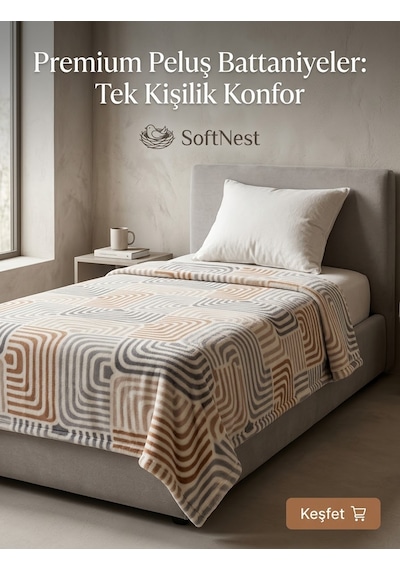 Padişah Tek Kişilik Peluş Battaniye Labirent Desenli Tarçın Gri Wellsoft 155x215 Cm Çok Renkli