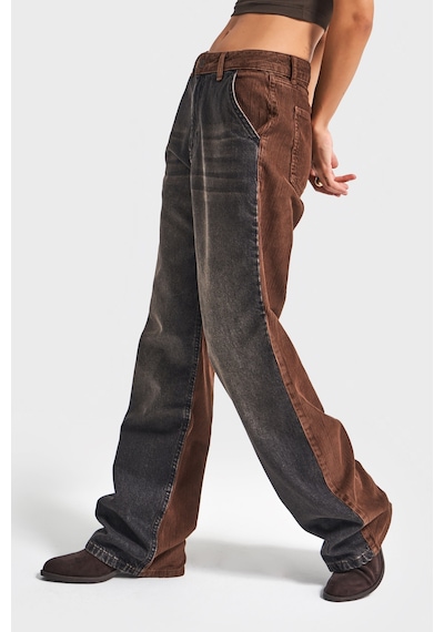 Itsbasic Kadın Füme Kahverengi 2w5-87 Loose Fit Denim Kadife Kumaş Parçalı Tasarım Pantolon Füme Kahve