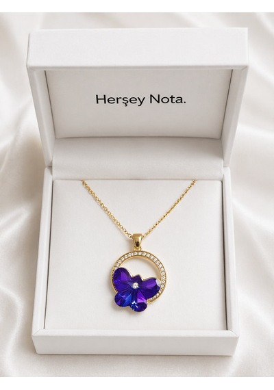 Mor Taşlı Butterfly Kolye Altın Renk Zincir Kadın Kolyesi Hediye Altın - Gümüş