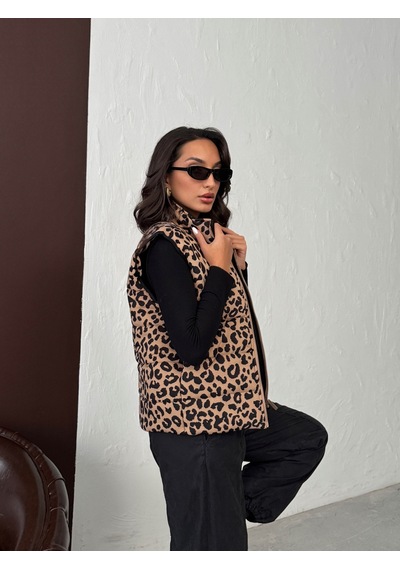 Verymoda Leopar Desenli Kapitone Yelek Vmf1785 Vizon Siyah