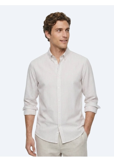 Kip Bej Çizgili Regular Fit Uzun Dokuma Casual %100 Pamuk Gömlek