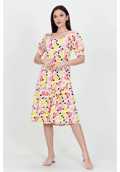 Neşeli Butik Kadın Sarı Kare Yaka Eteği Fırfırlı Çiçek Desenli Viskon Elbise Nb10026 Sarı