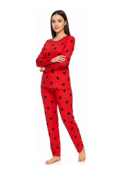 Bisiklet Yaka Süet Kırmızı Pijama Takımı 6010 Siyah Kalpli Gümüş