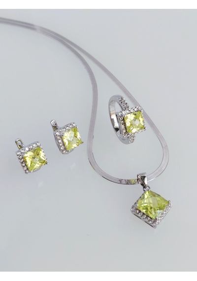 925 Ayar Gümüş Zebercet Peridot Doğal Taşlı Baget Tasarım Kadın Mücevher Set Kolye Küpe Yüzük S.255