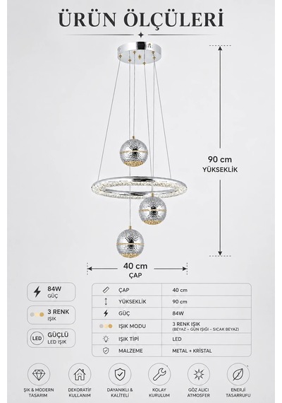 3'lü Krom Modern Premium 3 Renkli Ledli Sarkıt Avizesi Salon Mutfak Çocuk Odası Şık Modelleri 84w Beyaz
