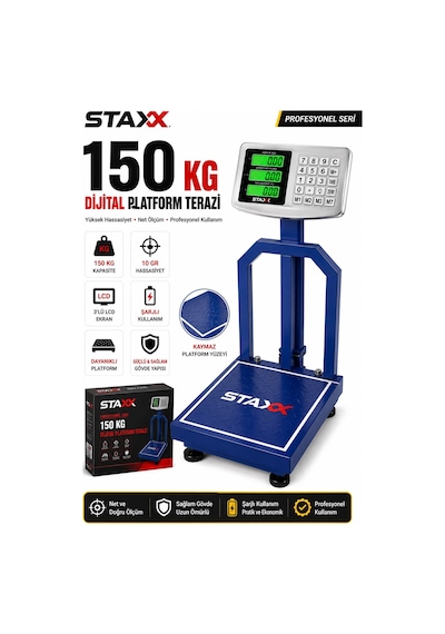 Staxx St150te1 Yüksek Hassasiyet 150 Kg Dijital Platform Terazi 10 Gr Hassasiyet Şarjlı Lcd Baskül