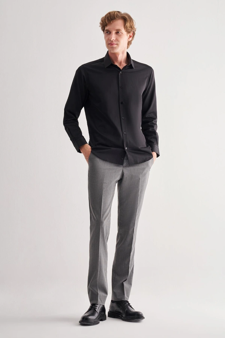 İmza Siyah Sert Yaka Uzun Kol Slim Fit Pamuklu Gömlek 1004255175 Siyah