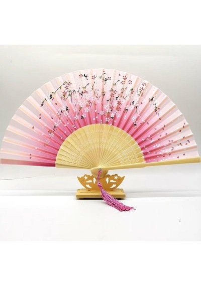Beluga Yelpaze Bambu Kumaş Serinletici Vintage Pembe Çiçekli Şık Dekorasyon Püsküllü Japon Yelpaze 0389