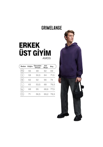 Grımelange AMOS Erkek Yumuşak Kumaşlı 3 İplik Oversize Kapüşonlu Kanguru Cepli Mor Sweatshirt