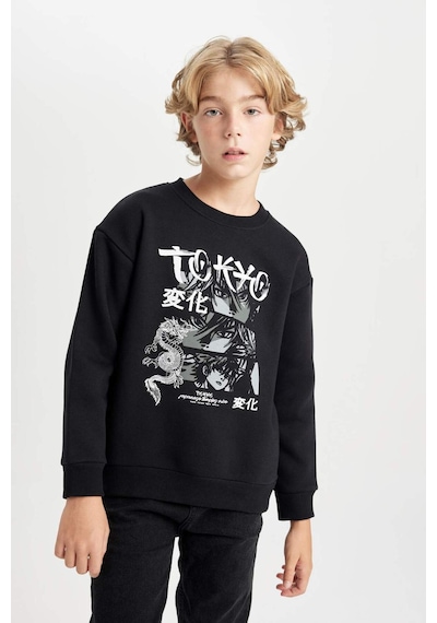 DeFacto Erkek Çocuk Siyah Oversize Geniş Kalıp Bisiklet Yaka Baskılı Sweatshirt D5680A824WNBK81