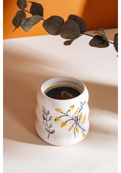 Rivaistanbul Sarı Çiçekler Amore El Yapımı Seramik Double Kahve Bardağı Mug Kupa Krem