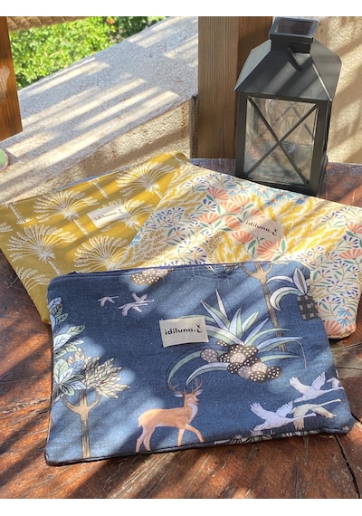 İdiluna Hardal Rengi Palmiye Desenli, Fermuarlı Çok Amaçlı Clutch / Tablet Çantası Hardal Kahve