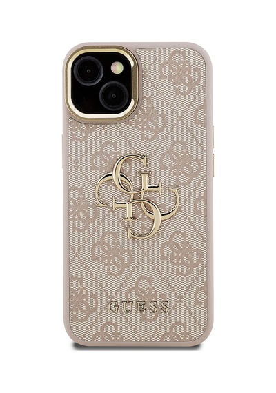 Apple Uyumlu iPhone 15 Kılıf Guess Lisanslı Metal 4g Ve Yazı Logolu Kamera Standlı Kapak Pembe