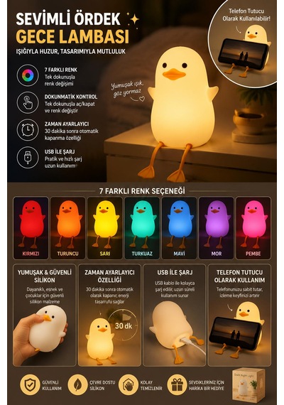 Renkli Usb Şarj Edilebilir Gece Lambası, Silikon, Hediyelik Eşya, Çocuk Gece Lambası Çok Renkli