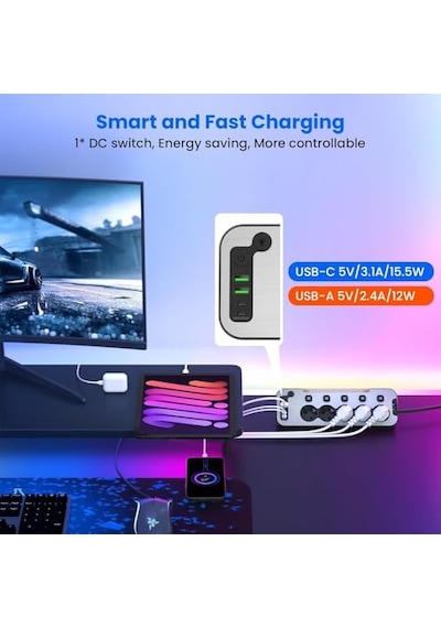 Bağımsız Anahtarlı 5'li Işıklı Akım Korumalı Çoklu Priz 4000w, 2x Usb - 2x Type-c Giriş, Metal Ön Panel Uzat 0
