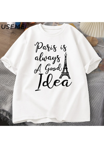 Flood Of Style Erkekler T En Kaliteli Baskı Paris T-shirt Rahat Tatil Moda O Boyun Kazak Pamuk Kısa K Beyaz