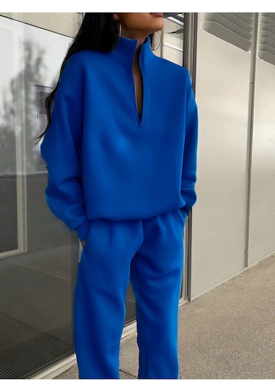 Basic Düz Fermuarlı Eşofman Takımı Sweatshirt Jogger - Sax Mavisi Oversize Şardonlu Dik Yaka Sax Mavisi Basic Düz Fermuarlı Eşofman Takımı Sweatshirt Jogger - Sax Mavisi Oversize Şardonlu Dik Yaka Sax Mavisi