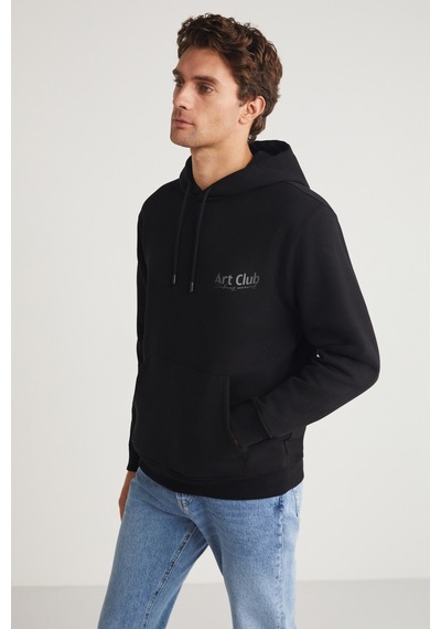 Grımelange ANDREAS Erkek Kapüşonlu İçi Polarlı Baskı Detaylı Siyah Sweatshirt