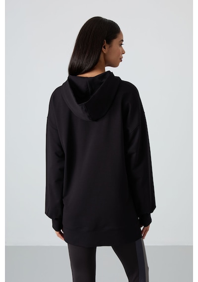 Tommy Life Siyah Balon Kol Yazı Nakışlı Kadın Oversize Tunik Sweatshirt - 97163 Siyah