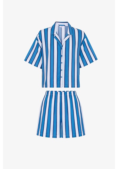 Penti Mavi Vacation Striped Gömlek Şort Pijama Takımı Bl97