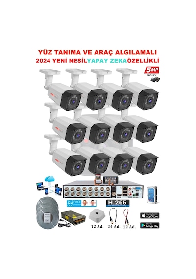 12 Kameralı Yapay Zeka Özellikli Yüz Tanıma ve Araç Algılamalı 5 Mp Kuruluma Hazır Kamera Seti