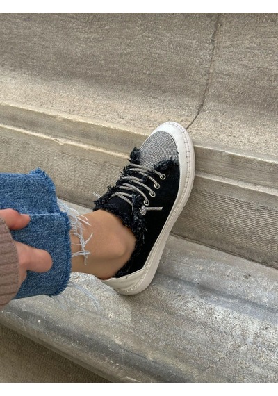 Erva'nın Butiği Siyah Keten Jule Taş Bağcıklı Kadın Sneakers-5784