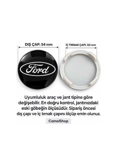 Ford Focus Fiesta Kuga Mondeo C-max Puma Uyumlu Jant Göbeği 4'lü Set Siyah Yeni Model 54 Mm Dış Çap / 50 Mm İç Tırnak Çapı - 936731344