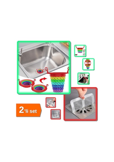 Gökkuşağı Mutfak Lavabo Kademeli Atık Filtresi + 10 Adet Yapışkanlı Gider Koruyucu - 2li Set L2b5l9 Diğer