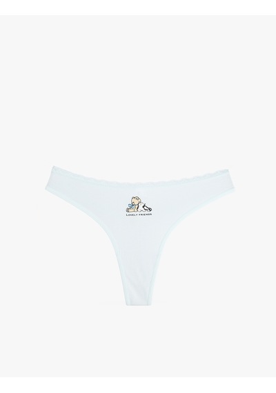 Koton Beli Dantelli Pamuklu Rahat Kalıp Baskılı String Külot Mavi 6slk30046mk Mavi