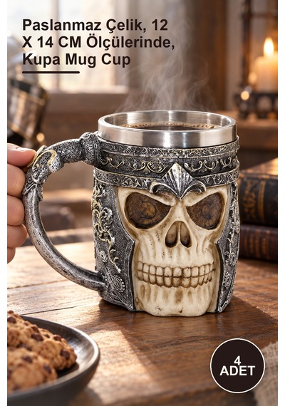 4 Adet Şovalye Kupa Bardak Paslanmaz Çelik, 12 X 14 Cm Ölçülerinde, Kupa Mug Cup