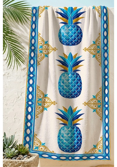 Ananas Tropikal Marine Plaj Havlusu - Mavi Beyaz Akdeniz Stil Hızlı Kuruyan Mikrofiber Havlu Eski Yakamoz