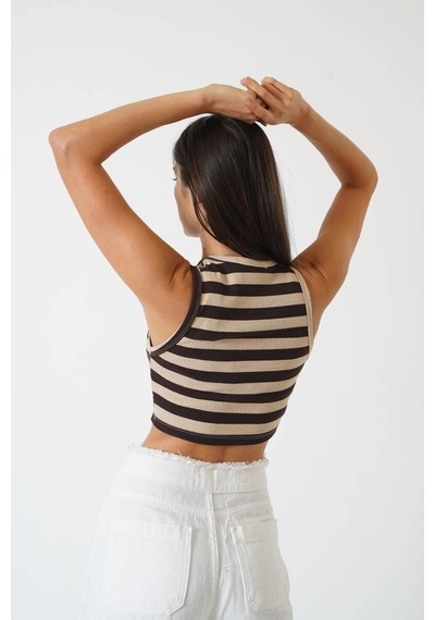 Ckm Moda Adrian Yüksek Kalite Kadın Yuvarlak Yaka Çizgili Crop Bluz Kahve